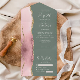 Blush Pink Gold Agate Sage Green Wedding All In One Uitnodiging