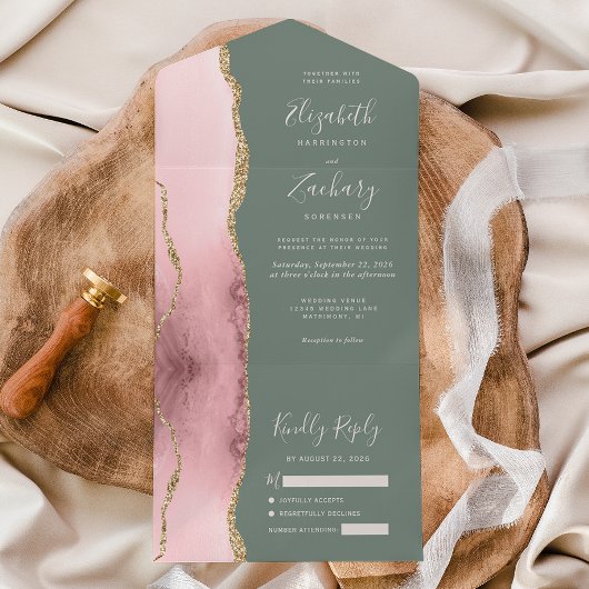 Blush Pink Gold Agate Sage Green Wedding All In One Uitnodiging