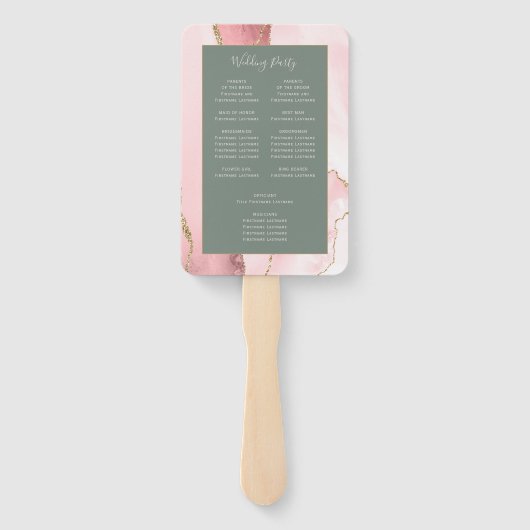 Blush Pink Gold Agate Sage Green Wedding Program Handwaaier (Achterkant)