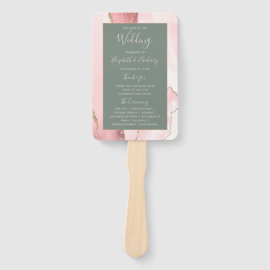 Blush Pink Gold Agate Sage Green Wedding Program Handwaaier (Voorkant)