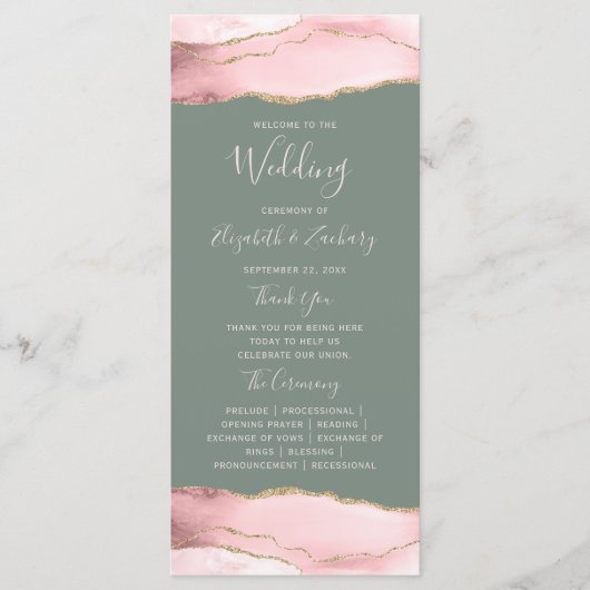 Blush Pink Gold Agate Sage Green Wedding Programmakaart (Voorkant)