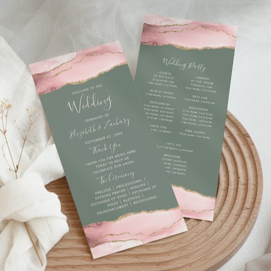 Blush Pink Gold Agate Sage Green Wedding Programmakaart