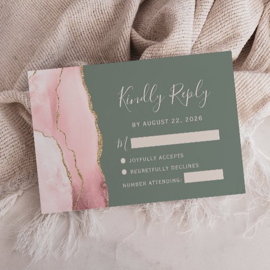 Blush Pink Gold Agate Sage Green Wedding RSVP Kaar