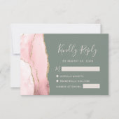 Blush Pink Gold Agate Sage Green Wedding RSVP Kaar (Voorkant)