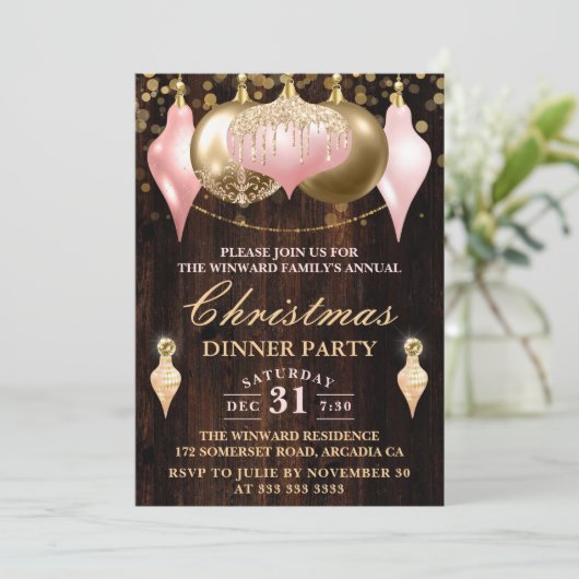 Blush Pink & Gold Baubles kerstfeest Kaart (Staand voorkant)