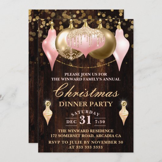 Blush Pink & Gold Baubles kerstfeest Kaart (Voorkant / Achterkant)