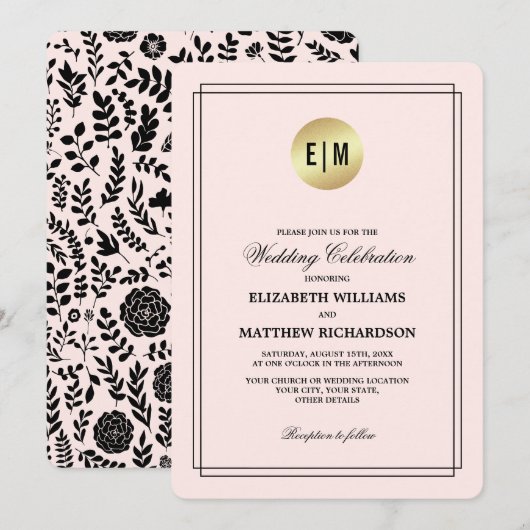 Blush Pink Gold Black Floral Wedding Kaart (Voorkant / Achterkant)