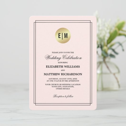 Blush Pink Gold Black Floral Wedding Kaart (Staand voorkant)