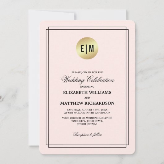 Blush Pink Gold Black Floral Wedding Kaart (Voorkant)