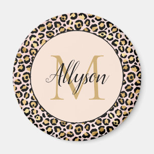Blush Pink Gold Black Leopard Print Monogram Magneet
