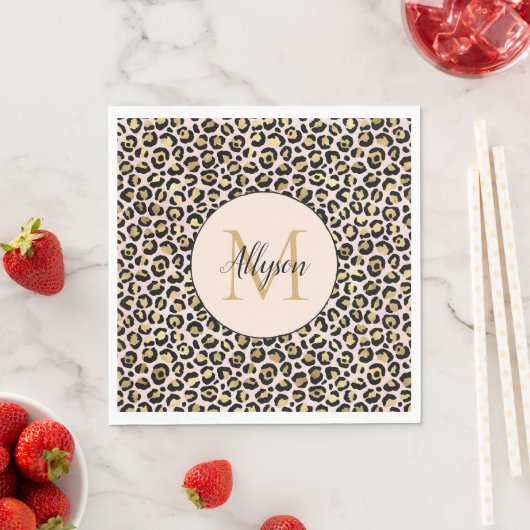 Blush Pink Gold Black Leopard Print Monogram Servet (Insitu)