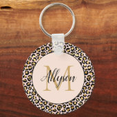 Blush Pink Gold Black Leopard Print Monogram Sleutelhanger (Voorkant)