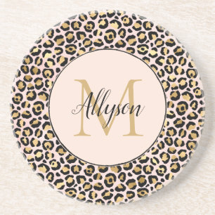 Blush Pink Gold Black Leopard Print Monogram Zandsteen Onderzetter