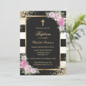 Blush Pink Gold Black Striped Floral Girl Baptisme Kaart (Staand voorkant)