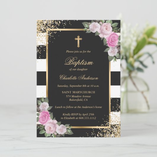 Blush Pink Gold Black Striped Floral Girl Baptisme Kaart (Staand voorkant)