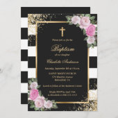 Blush Pink Gold Black Striped Floral Girl Baptisme Kaart (Voorkant / Achterkant)