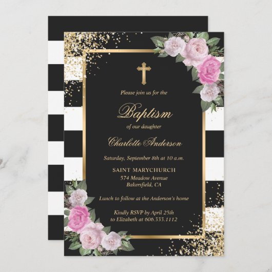 Blush Pink Gold Black Striped Floral Girl Baptisme Kaart (Voorkant / Achterkant)
