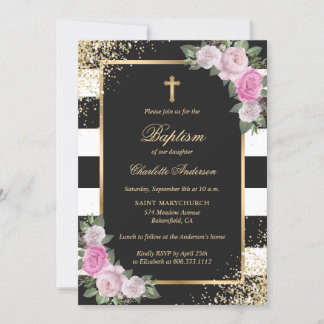 Blush Pink Gold Black Striped Floral Girl Baptisme Kaart