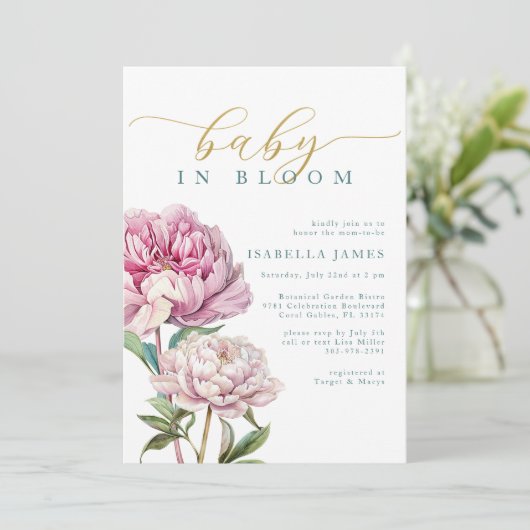 Blush Pink & Gold Bloemen Baby in Bloom Meisje Dou Kaart (Staand voorkant)