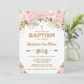 Blush Pink & Gold Bloemen Doop Uitnodiging (Staand voorkant)