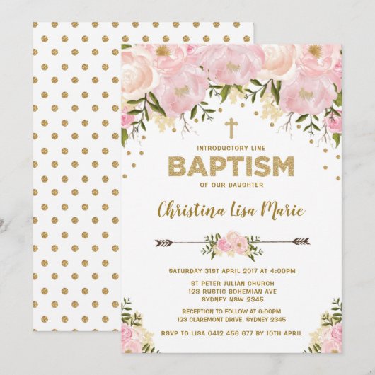 Blush Pink & Gold Bloemen Doop Uitnodiging (Voorkant / Achterkant)