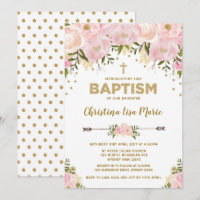 Blush Pink & Gold Bloemen Doop Uitnodiging