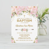 Blush Pink & Gold Bloemen Doop Uitnodiging (Staand voorkant)