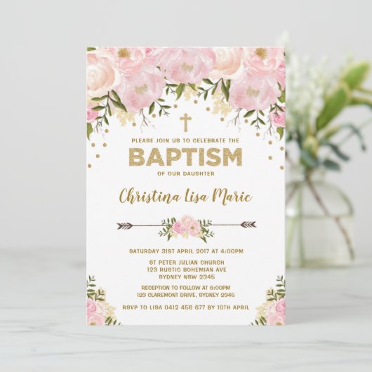 Blush Pink & Gold Bloemen Doop Uitnodiging (Staand voorkant)