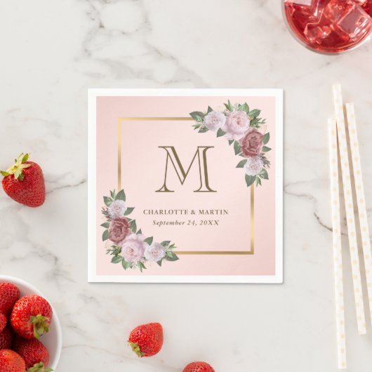 Blush Pink Gold Bloemen Monogram Huwelijk Servet (Insitu)