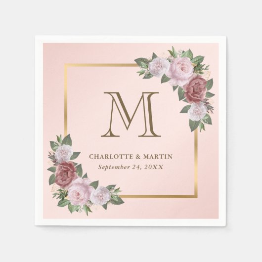 Blush Pink Gold Bloemen Monogram Huwelijk Servet (Voorkant)