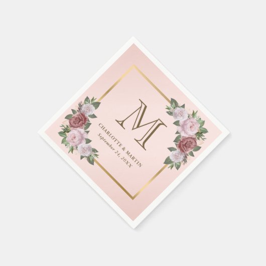 Blush Pink Gold Bloemen Monogram Huwelijk Servet (Hoek)
