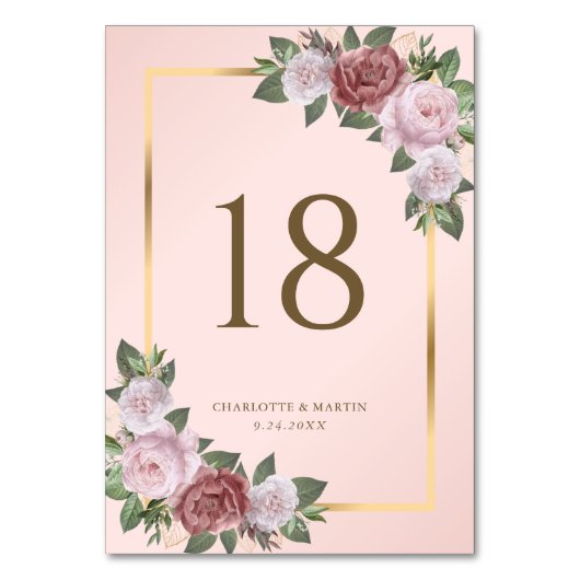 Blush Pink Gold Bloemen Tafel Nummer Kaart (Voorkant)