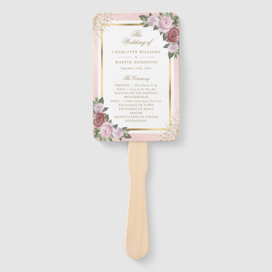 Blush Pink Gold Bloemen Trouwprogramma Handwaaier (Voorkant)