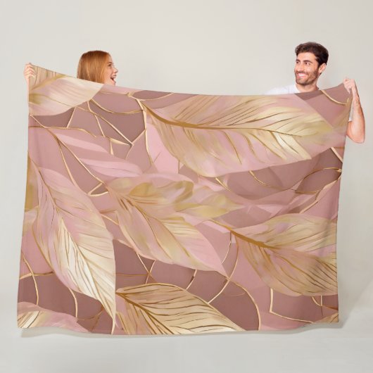 Blush Pink Gold Boho Modern Leaves Collectie Fleece Deken (In situ)