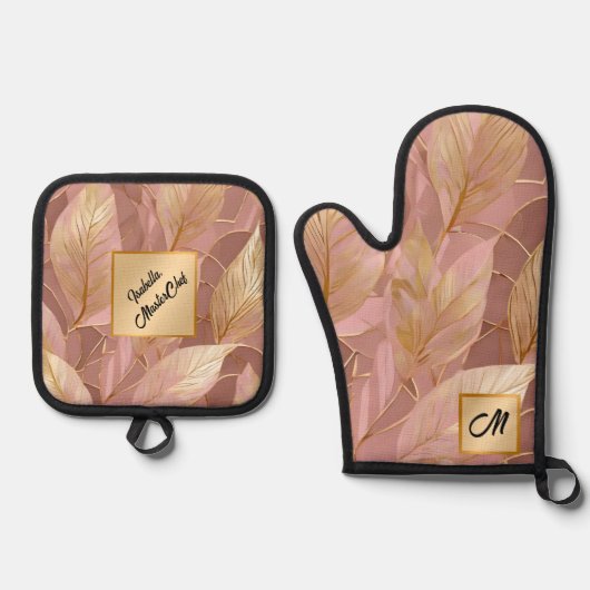 Blush Pink Gold Boho Modern Leaves Collectie Ovenwant & Pannenlap Set (Voorkant)