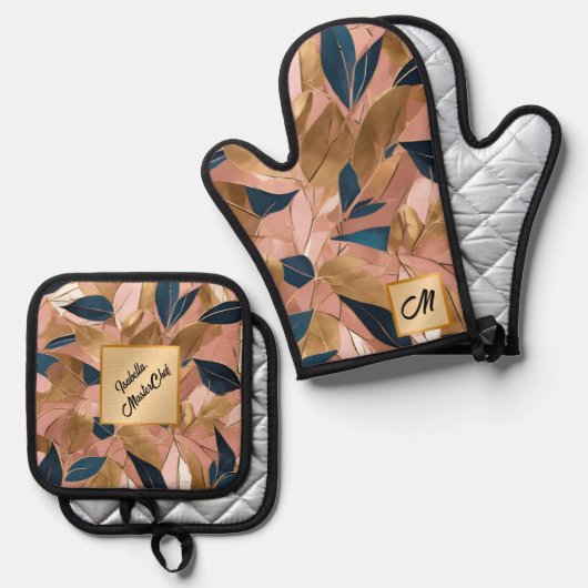 Blush Pink Gold Boho Popular Leaves Collectie Ovenwant & Pannenlap Set (Voorkant / Achterkant)