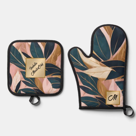 Blush Pink Gold Boho Trendy Leaves Collectie Ovenwant & Pannenlap Set (Voorkant)