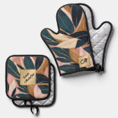 Blush Pink Gold Boho Trendy Leaves Collectie Ovenwant & Pannenlap Set (Voorkant / Achterkant)