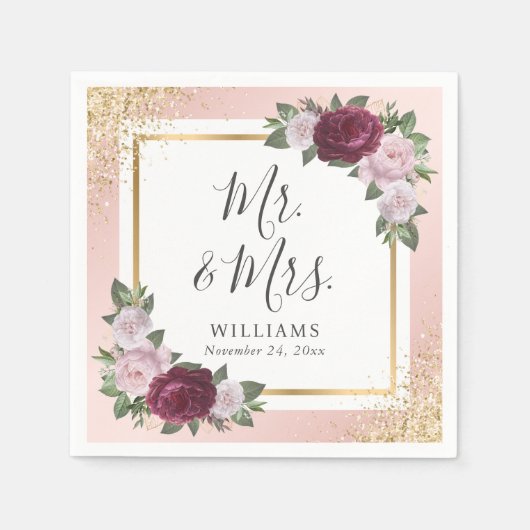 Blush Pink Gold Bourgogne Bloemen Huwelijk Servet (Voorkant)