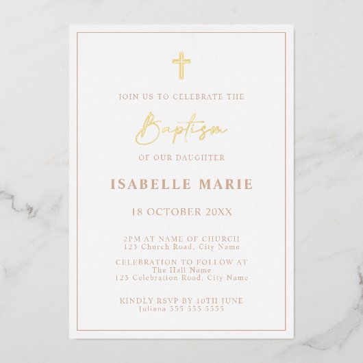 Blush Pink & Gold Boy Baptism Folie Uitnodiging (Voorkant)