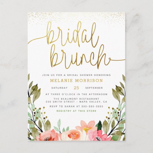 Blush Pink Gold Bridal Brunch Floral Vrijgezellenf Uitnodiging Briefkaart (Voorkant)
