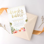 Blush Pink & Gold Brunch & Bubble Vrijgezellenfees Uitnodiging Briefkaart<br><div class="desc">Bespaar op enveloppen met uitnodigingen van het briefkaart! Een chic, modern vrijgezellenfeest ontwerp met "brunch & bubbly"geschreven in elegante manuscriptkalligrafie met elegante draden aan één van beide eind die de rand van de uitnodiging bereiken. Er is een schikking van met de hand geschilde bloemen in tinten van wazige roze en...</div>