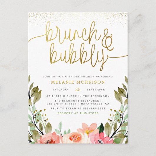 Blush Pink & Gold Brunch & Bubble Vrijgezellenfees Uitnodiging Briefkaart (Voorkant)