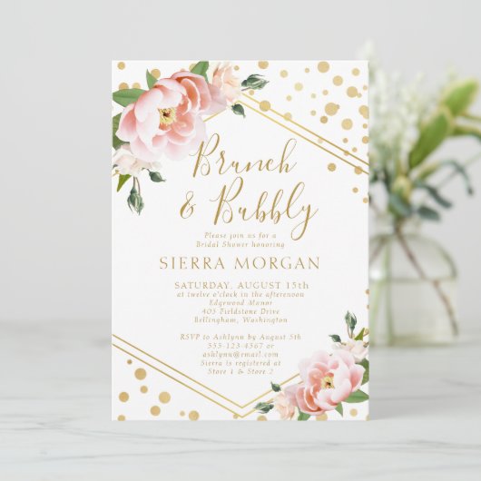 Blush Pink Gold Brunch & Bubbly Vrijgezellenfeest Kaart (Staand voorkant)