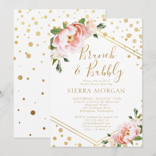 Blush Pink Gold Brunch & Bubbly Vrijgezellenfeest Kaart (Voorkant / Achterkant)