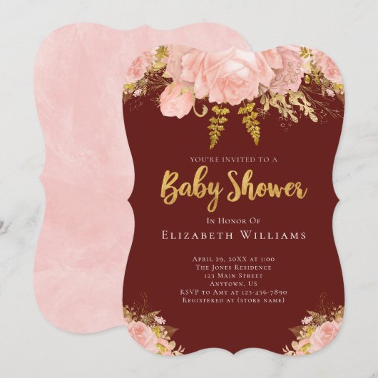 Blush Pink Gold Burgundy Bloemenmeisje Baby shower Kaart (Voorkant / Achterkant)