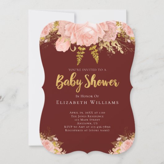 Blush Pink Gold Burgundy Bloemenmeisje Baby shower Kaart (Voorkant)