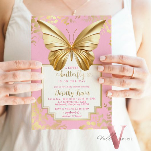 Blush Pink Gold Butterfly Baby shower Kaart
