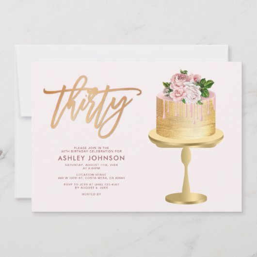 Blush Pink & Gold Cake Confetti30th Birthday Party Kaart (Voorkant)