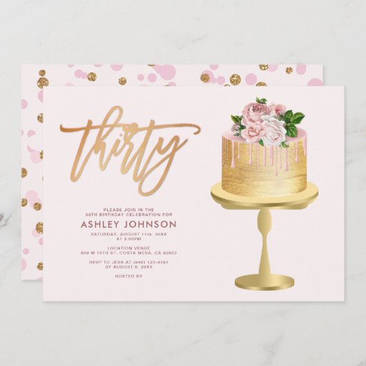 Blush Pink & Gold Cake Confetti30th Birthday Party Kaart (Voorkant / Achterkant)
